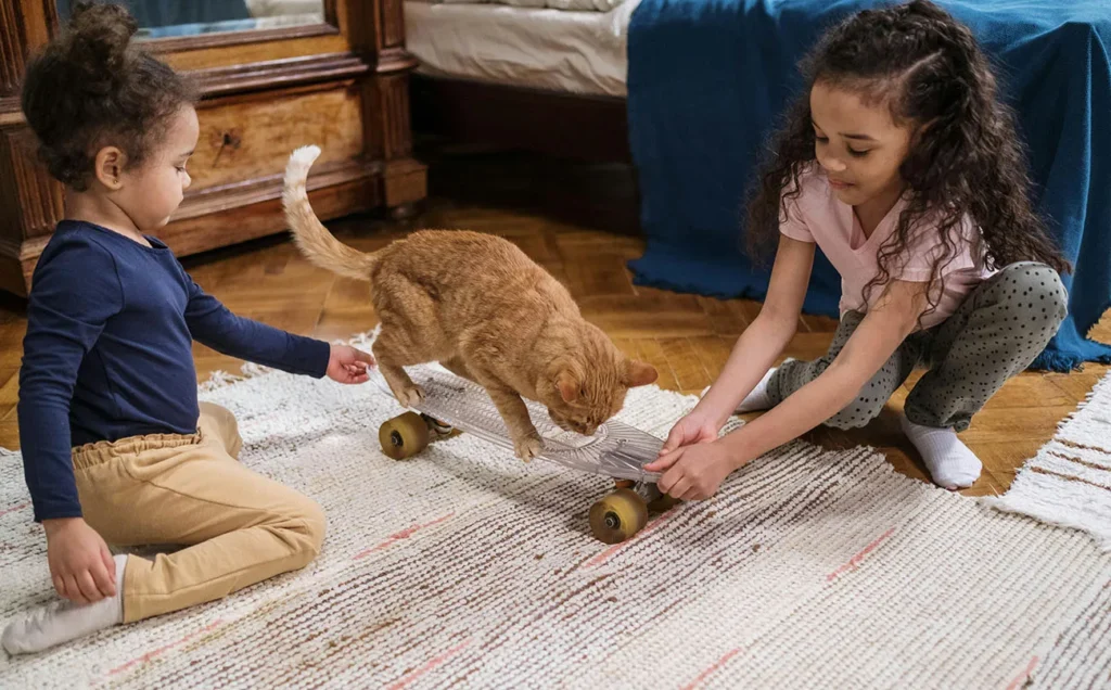 crianças brincando com gatinho