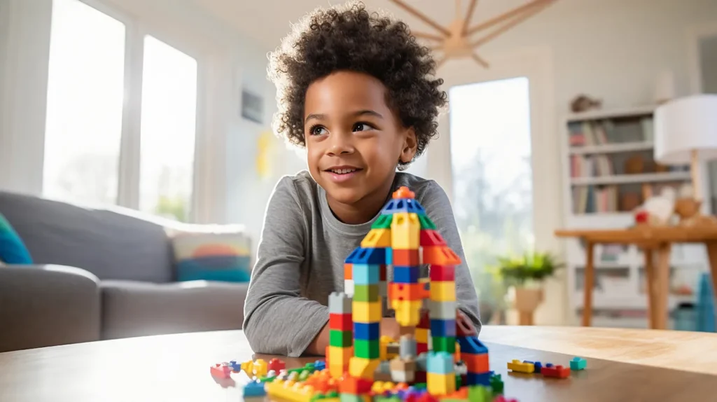 menino de 7 anos brincando de blocos de montar