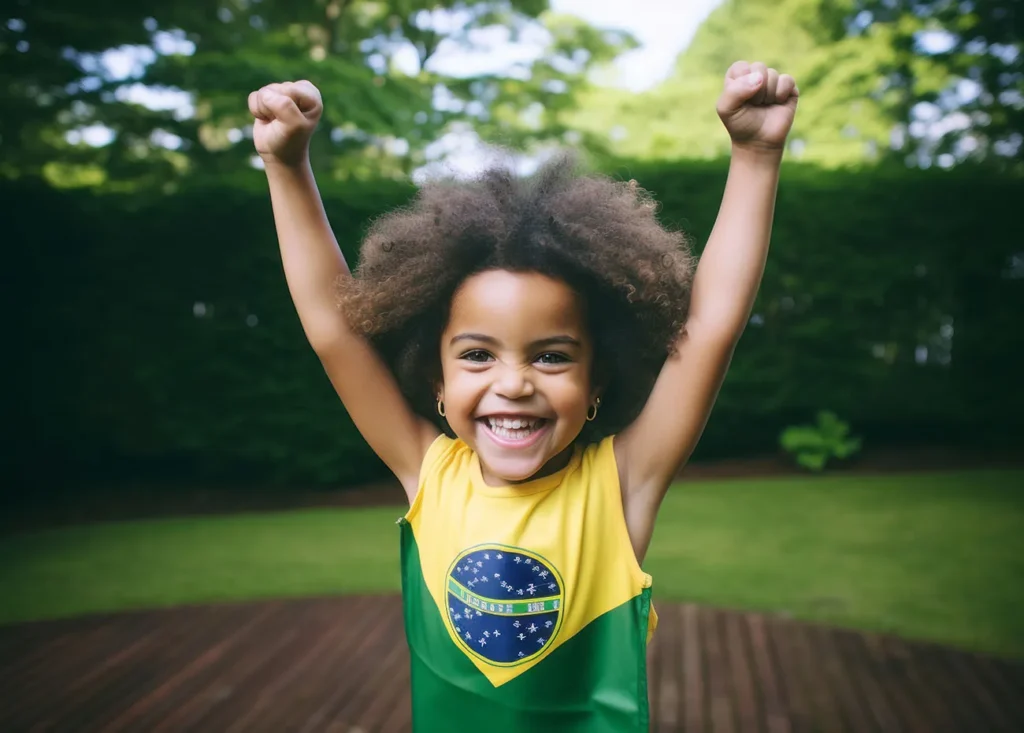 Criança feliz ouvindo o Hino do Brasil