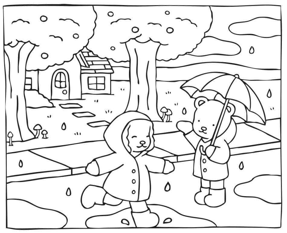 Desenho de Kawaii: A Alegria de Brincar na Chuva para imprimir e colorir - PDF grátis para pessoas de todas as idades