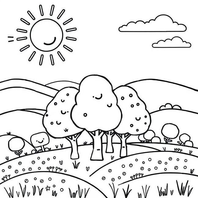 Desenho de Aventura na Ilha de Kawaii pronto para imprimir e colorir