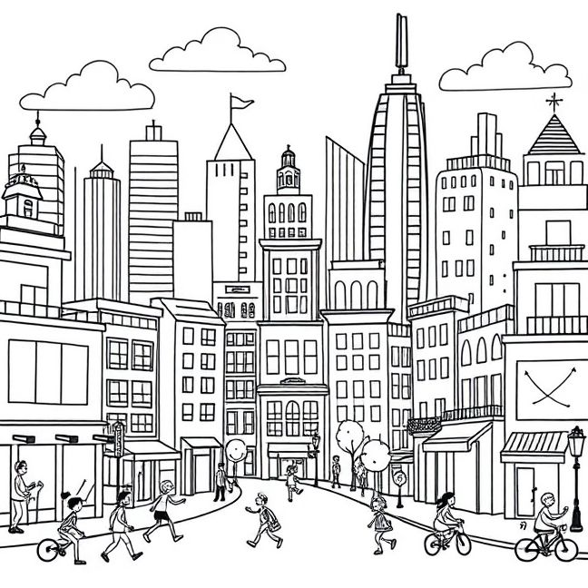 Desenho de Cidade Colorida pronto para imprimir e colorir