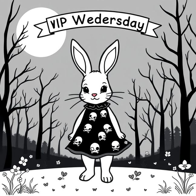 Desenho de Coelhinha Gótica na Floresta Noturna pronto para imprimir e colorir