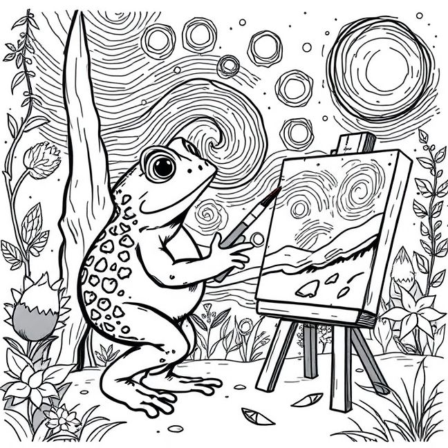 Desenho de Sapo Pintando a Noite Estrelada pronto para imprimir e colorir
