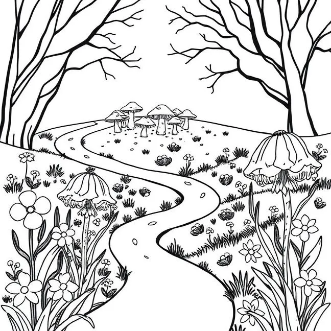 Caminho Encantado: Colorindo Flores e Champignon Mágicos de Primavera
