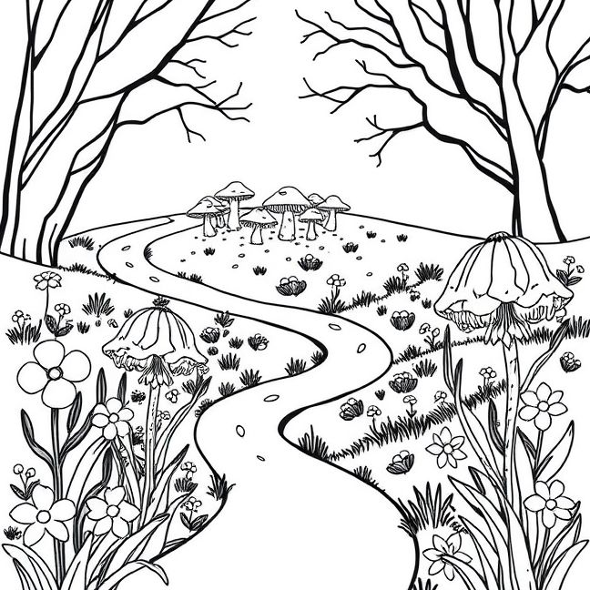 Desenho de Caminho Encantado: Colorindo Flores e Champignon Mágicos de Primavera pronto para imprimir e colorir