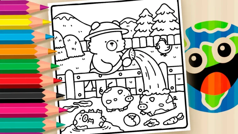 Desenho para colorir Desenho Kawaii - Banho nos Porquinhos 🐻🧼🐷