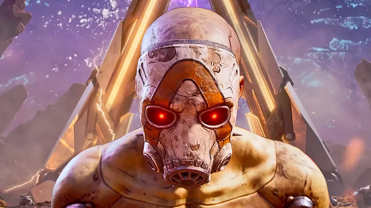 Capa oficial de Borderlands 4, destacando o icônico personagem com máscara e olhos brilhantes, representando o estilo visual único da franquia.