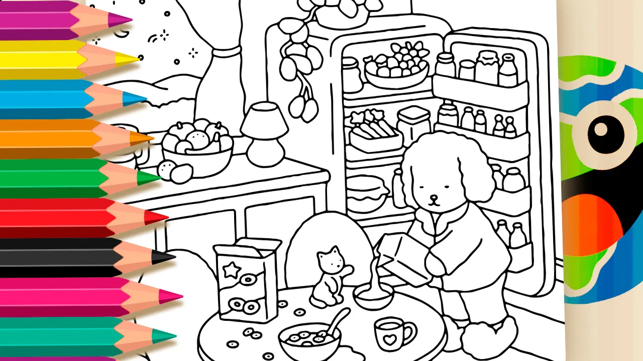 Ilustração para colorir de um gatinho acordando o dono durante a madrugada para colocar leite na tigela, em traço estilo Desenho Kawaii.