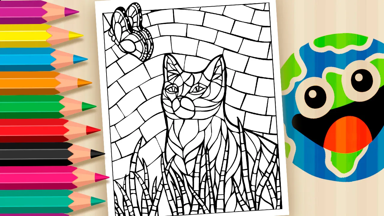 Mosaico do Gato e da Borboleta – Desenho para Colorir Online 🎨🐱🦋