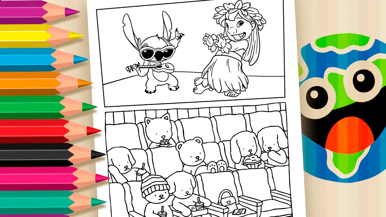 Desenho de Lilo e Stitch no cinema, estilo Desenho Kawaii, para colorir online.