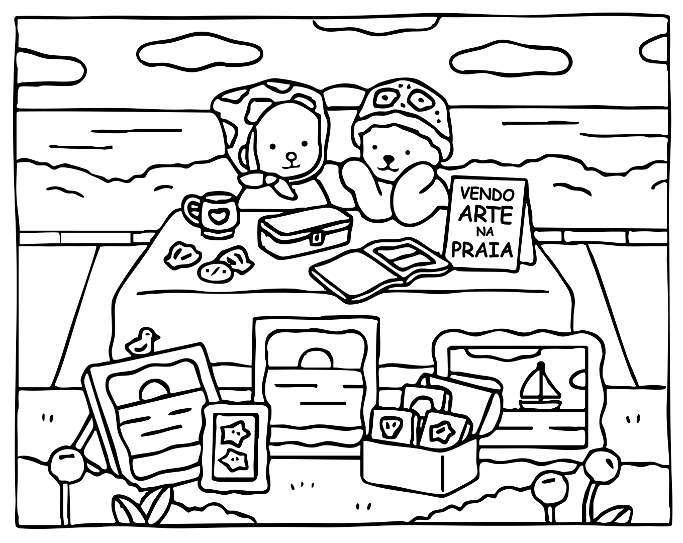 Desenho de Kawaii – Vendendo Arte na Praia 🎨🏖️ pronto para imprimir e colorir