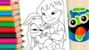 Desenho para colorir 🖍️ Desenho Colorir Stitch – Lilo Alimentando Stitch com Mamadeira