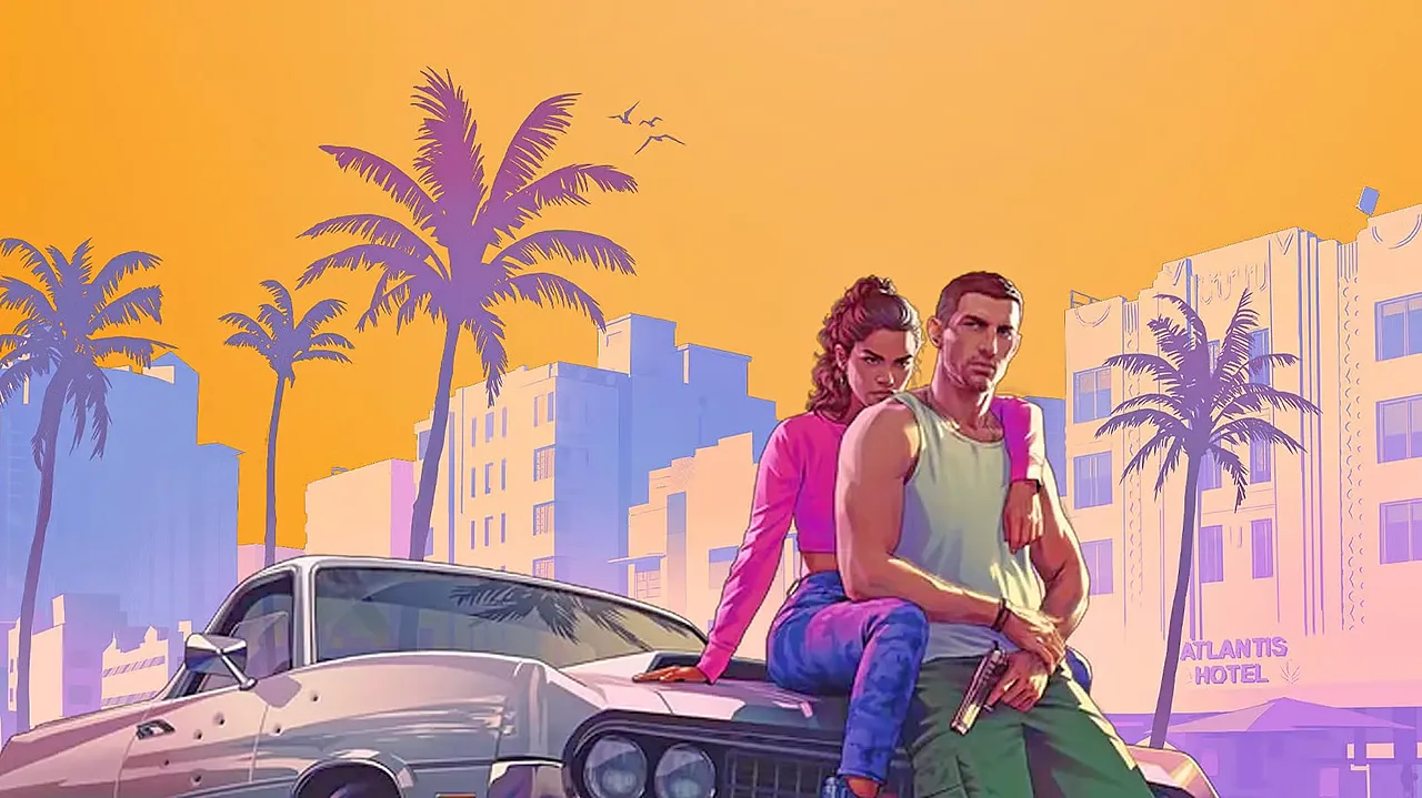 Arte promocional de GTA 6 com os protagonistas Lucia e Jason em destaque no cenário de Vice City