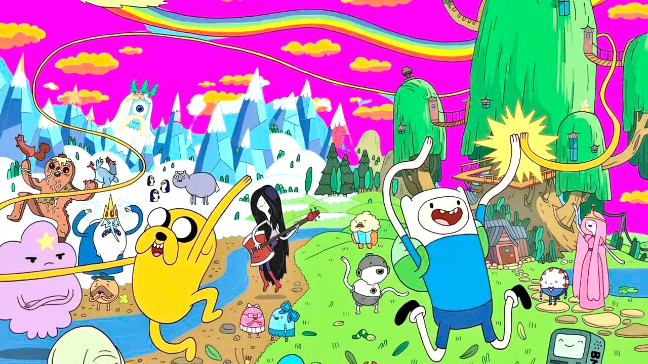 Ilustração vibrante com personagens de Hora de Aventura, como Finn, Jake, Marceline, Princesa Jujuba e outros, em um cenário colorido com montanhas de gelo e uma árvore gigante