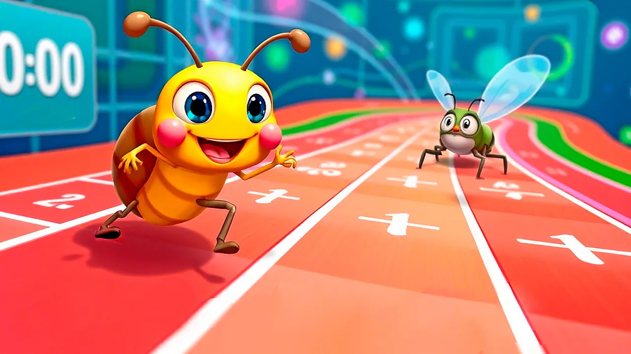 Dois insetos correndo em uma pista, simbolizando a competição e o desafio do jogo educativo Desafio Inseto, onde rapidez nas operações matemáticas é fundamental.