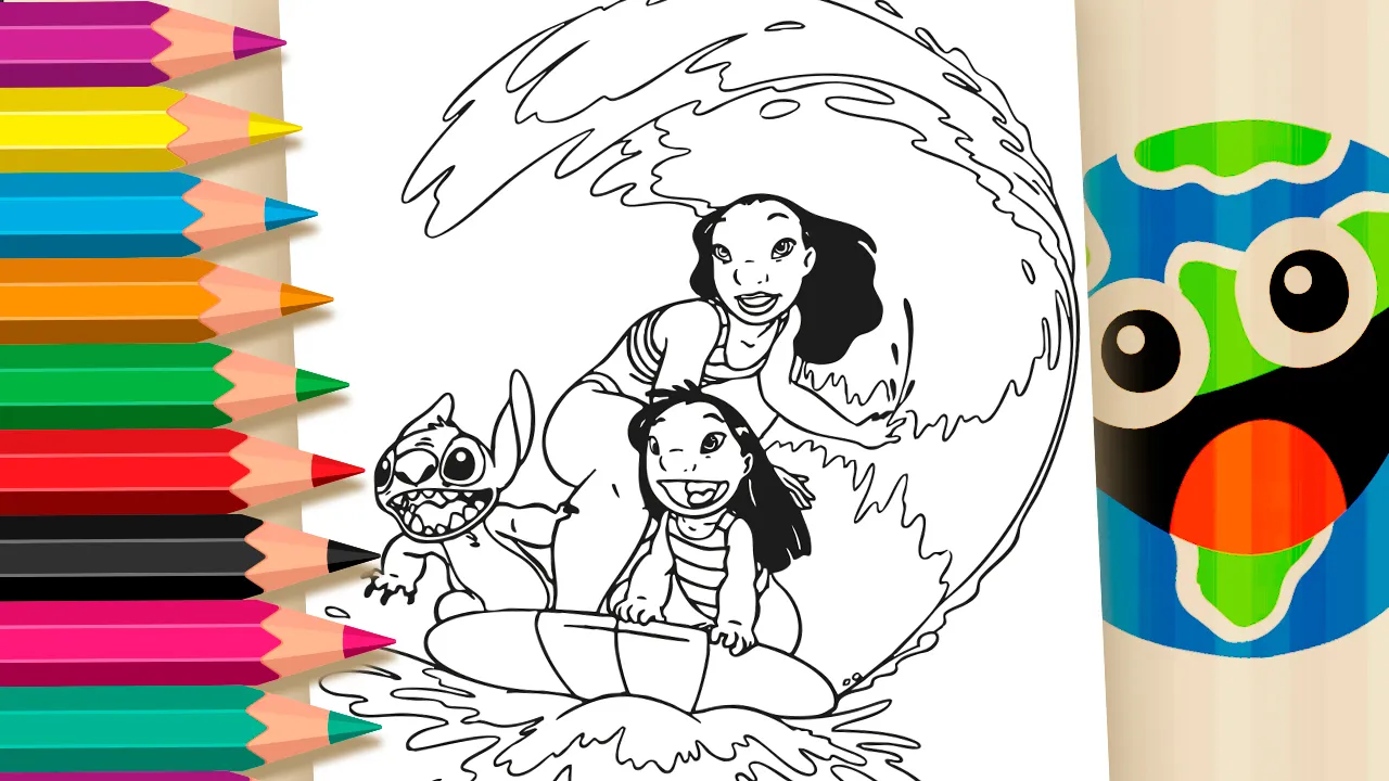 Ilustração para colorir de Lilo, sua irmã Nani e Stitch surfando juntos em uma prancha nas ondas do Havaí, pronta para ser colorida online ou impressa gratuitamente