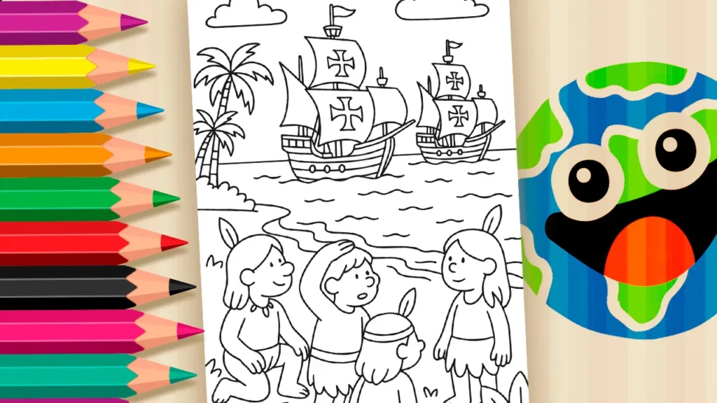Desenho para colorir da chegada dos portugueses ao Brasil em 1500, com caravelas e indígenas.