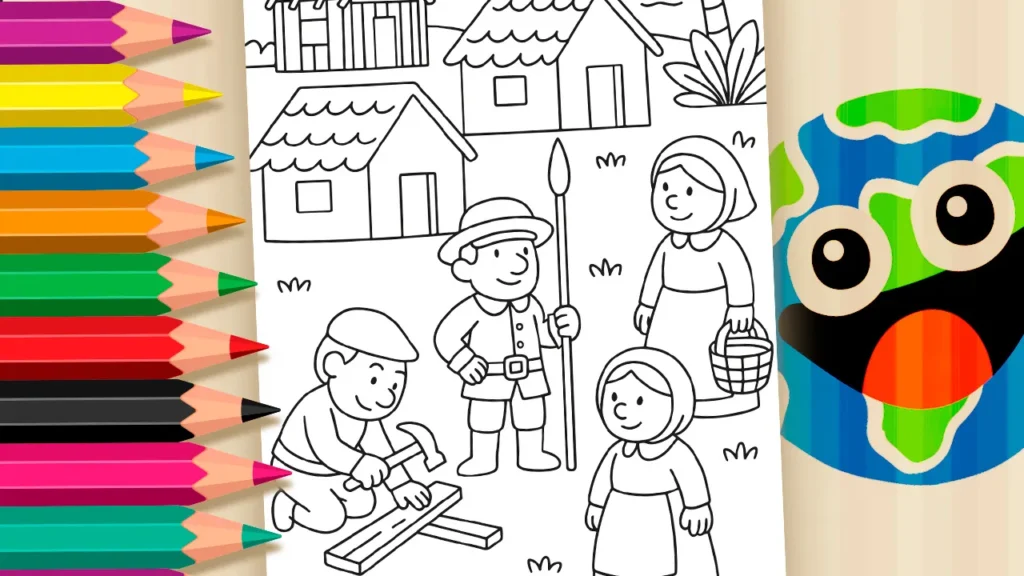 Desenho para colorir da fundação da primeira vila do Brasil em 1532, com casas simples e pessoas trabalhando.