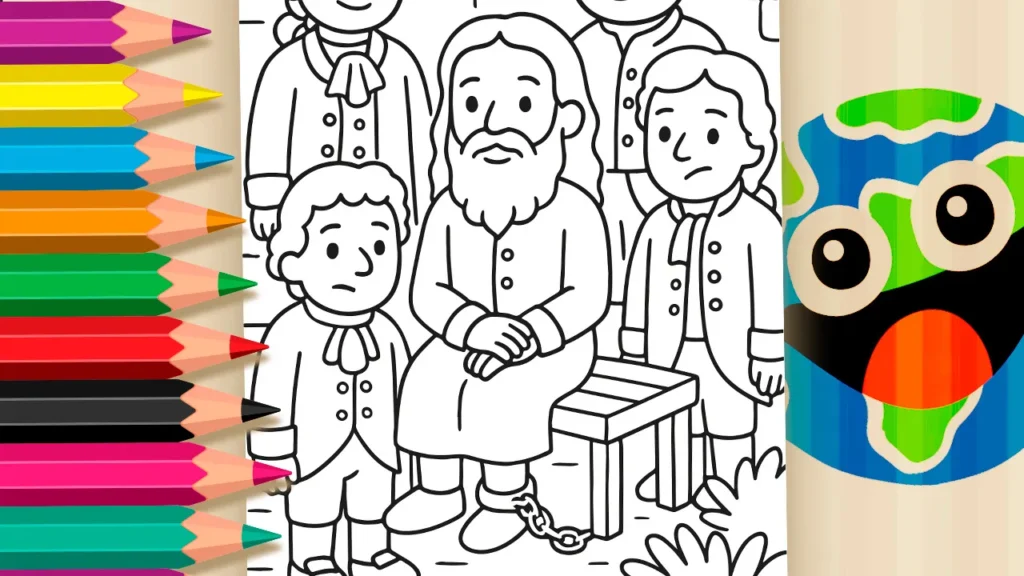Desenho para colorir da Inconfidência Mineira em 1789 com Tiradentes e personagens históricos.