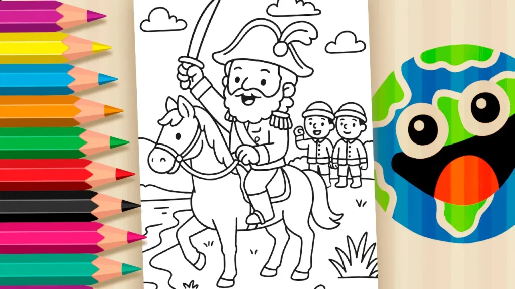 Desenho para colorir da Independência do Brasil em 1822 com Dom Pedro I no cavalo.
