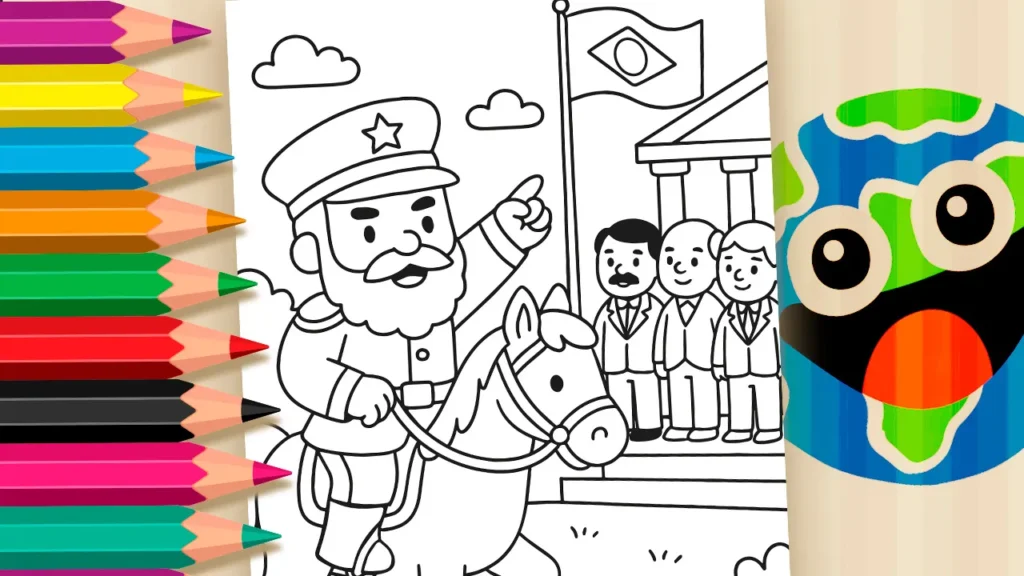 Desenho para colorir da Proclamação da República do Brasil em 1889 com marechal Deodoro da Fonseca.