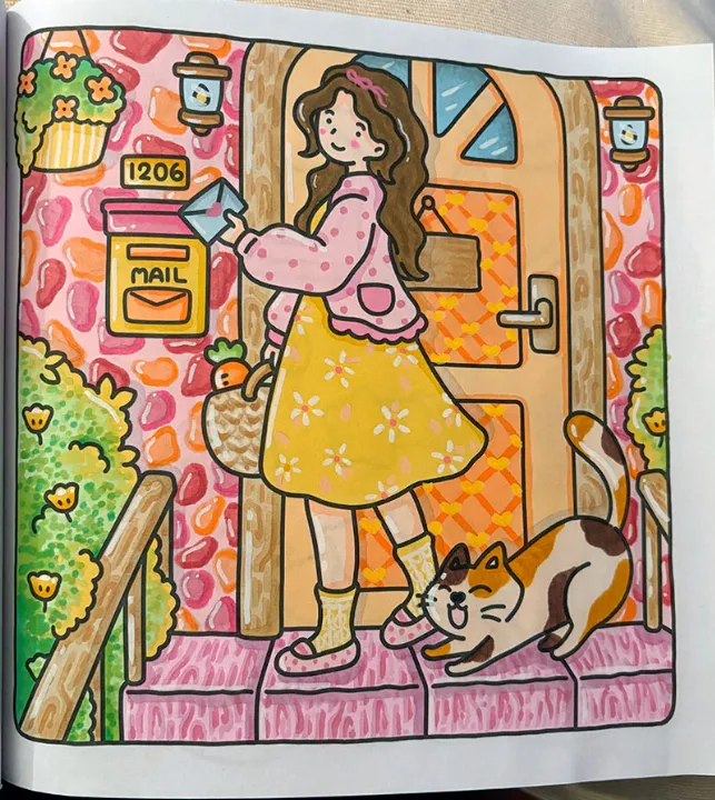 Desenho ‘Cat Mom’ adaptado de Vivi Tinta para colorir, com mãe e gatinho na porta de casa