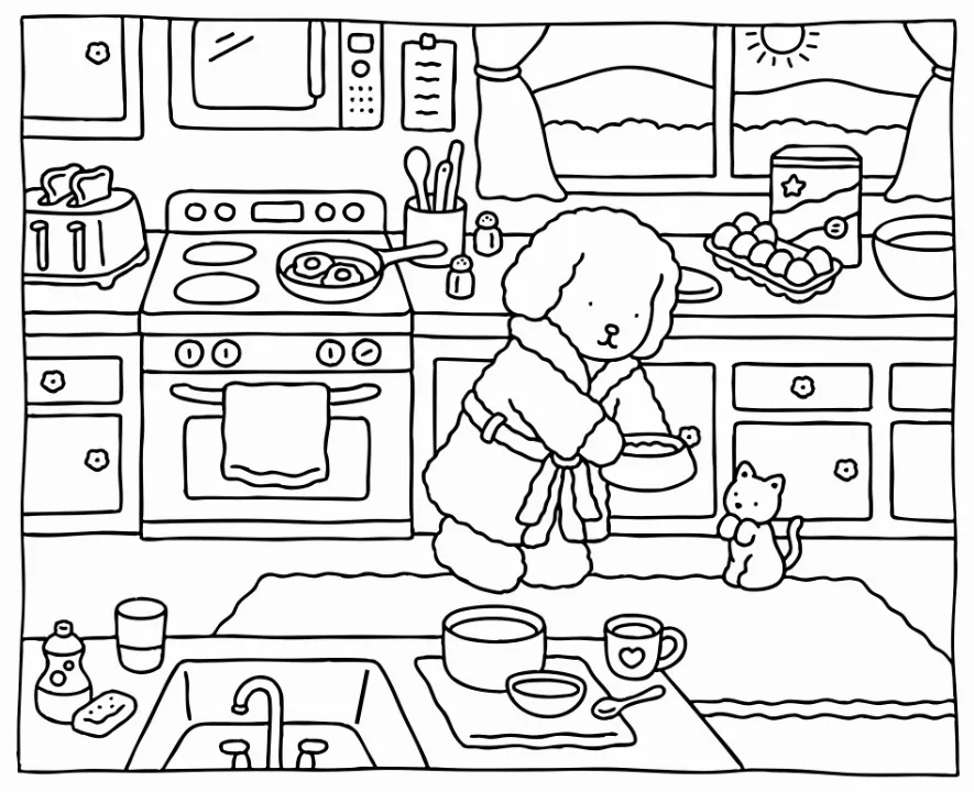 Desenho para colorir de um cachorrinho preparando o café da manhã para um gatinho em uma cozinha com sol nascendo pela janela.
