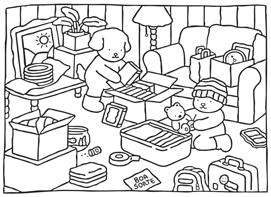 Desenho em preto e branco de Bobbie Goods mostrando dois personagens fofos desempacotando caixas em uma casa nova, pronto para colorir online ou imprimir, com a frase 'Boa Sorte' em um papel.