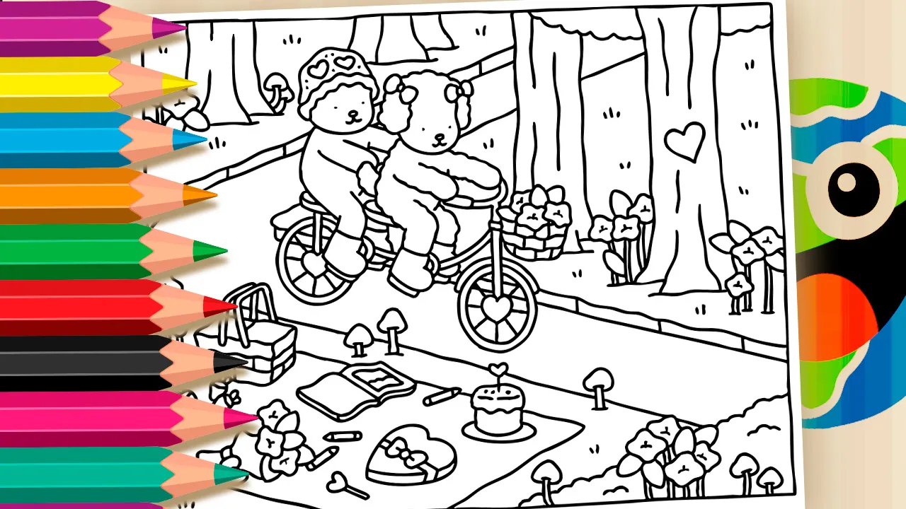 Desenho para colorir de duas amigas pedalando juntas em uma bicicleta de dois lugares, passando por um bosque com árvores no estilo Bobbie Goods.