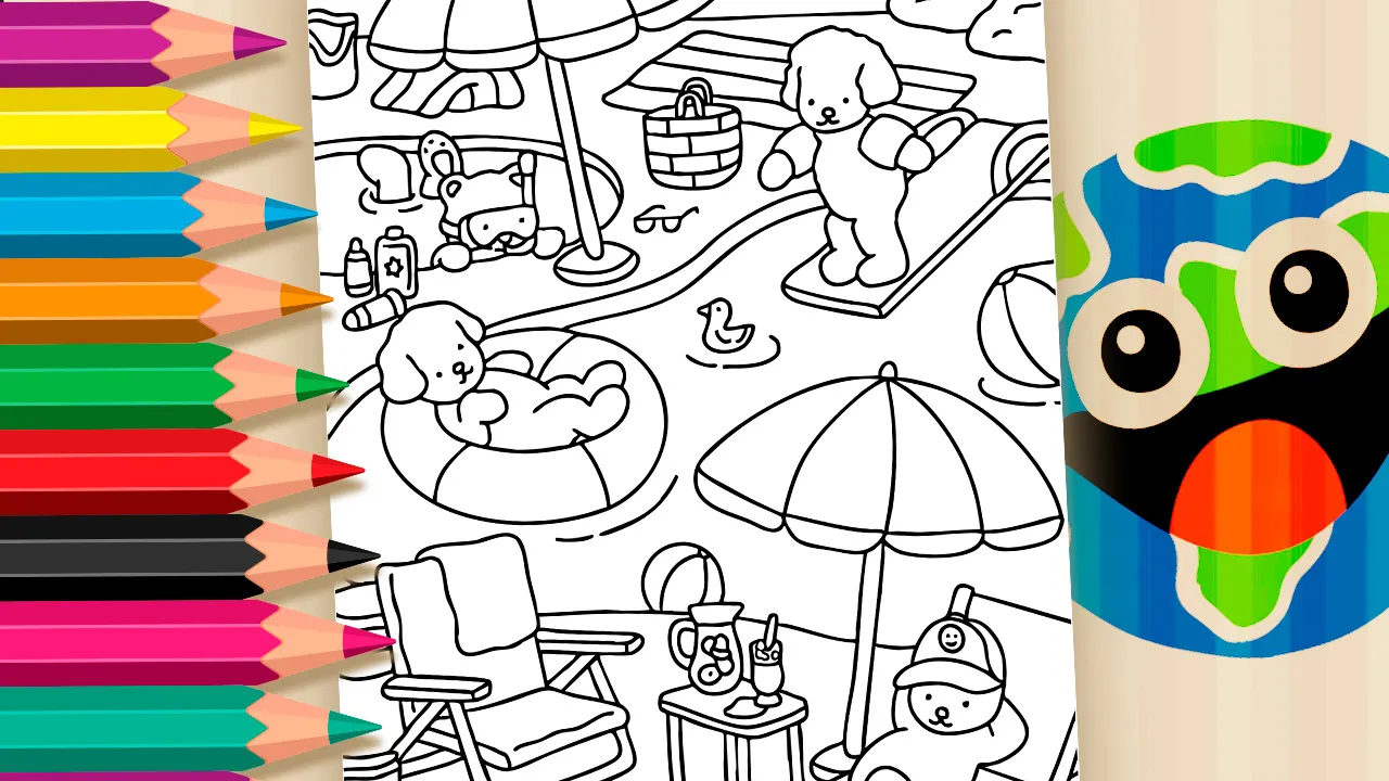 Desenho de ursinho brincando na piscina para colorir, estilo Bobbie Goods, com boia e clima de verão.
