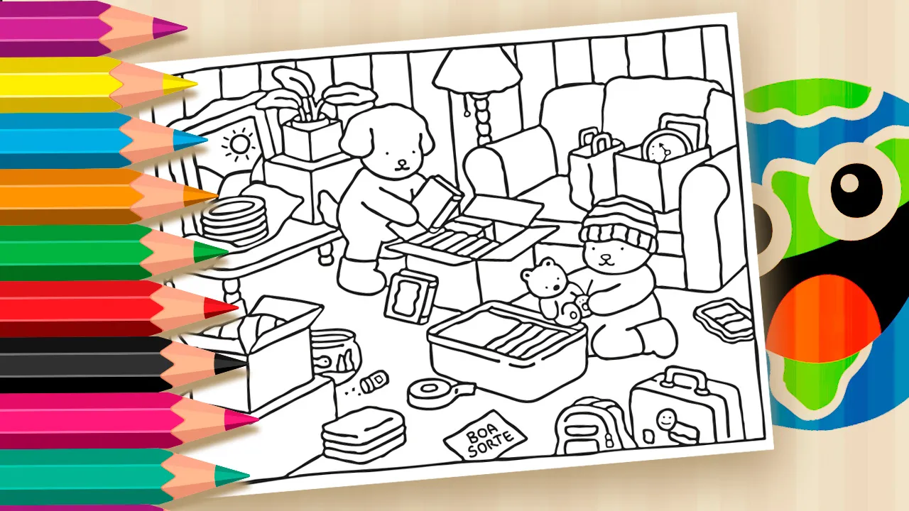 Desenho em preto e branco de Bobbie Goods mostrando dois personagens fofos desempacotando caixas em uma casa nova, pronto para colorir online ou imprimir, com a frase 'Boa Sorte' em um papel.