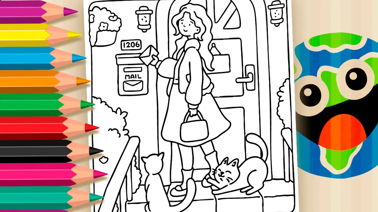 Desenho “Cat Mom” adaptado de Vivi Tinta, mostrando uma mãe com seu gatinho fofo na porta de casa, pronto para colorir.