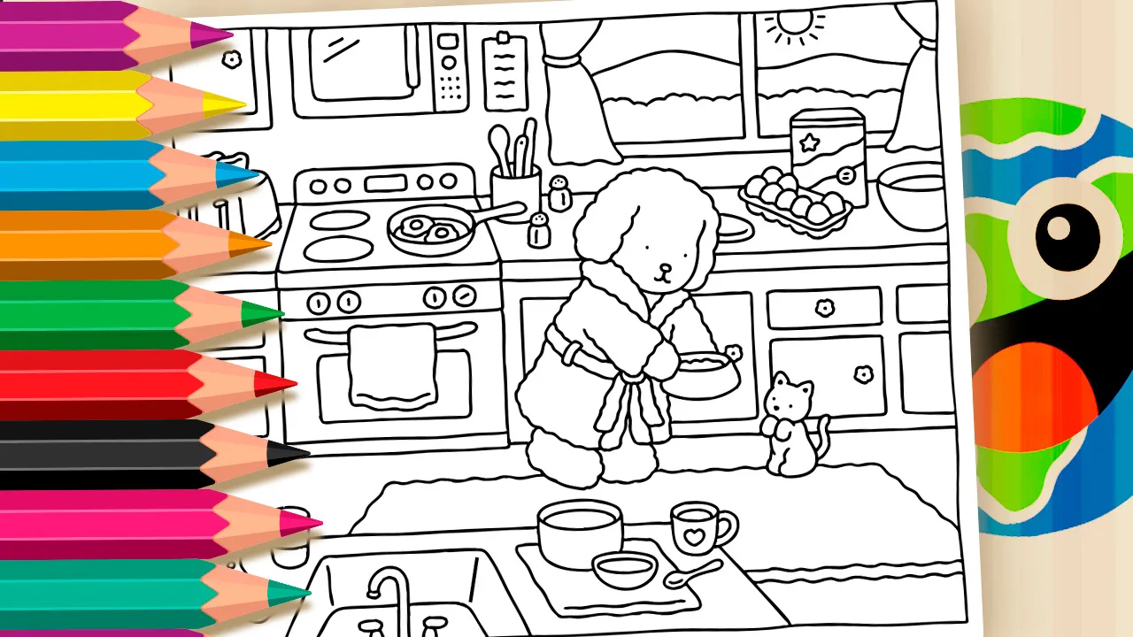 Desenho para colorir de um cachorrinho preparando o café da manhã para um gatinho em uma cozinha com sol nascendo pela janela.