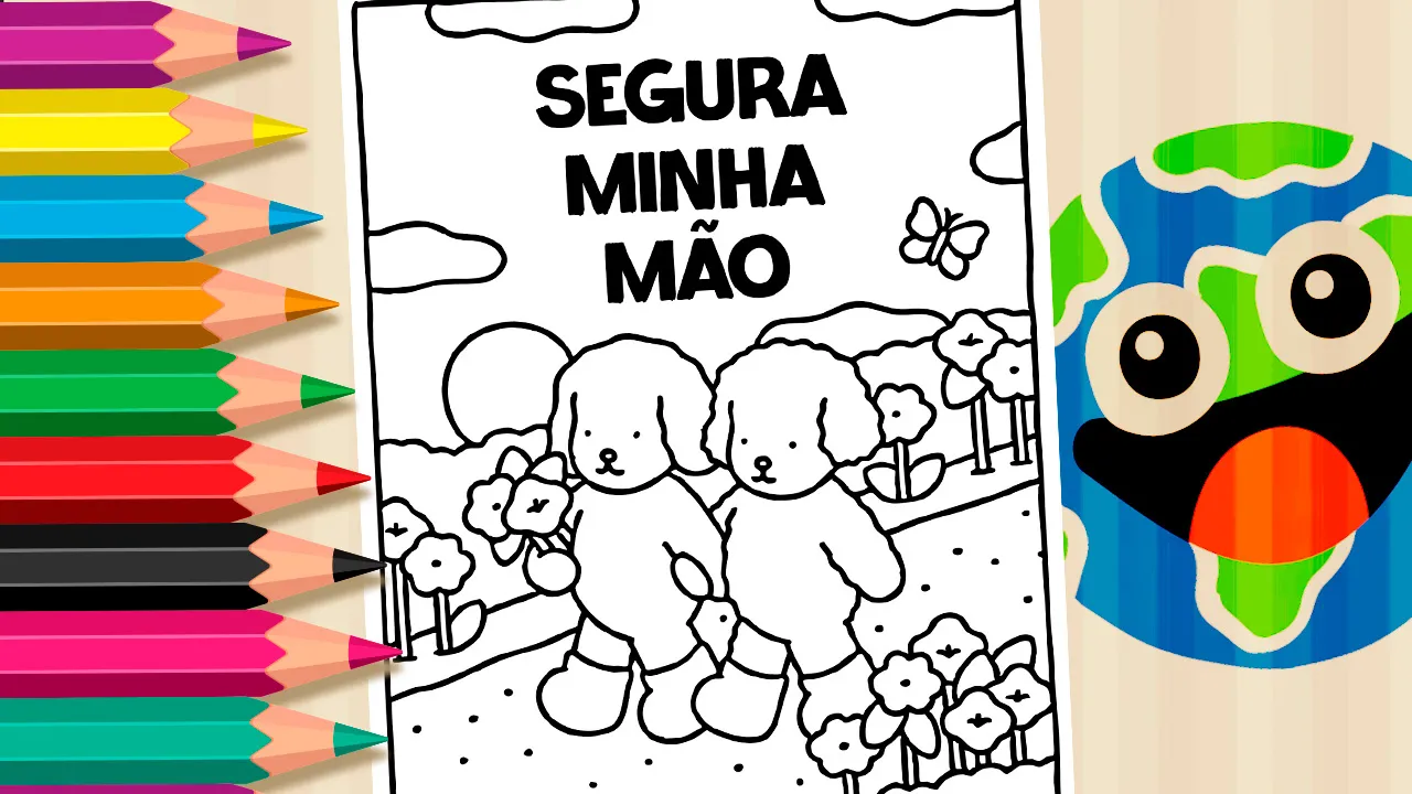 Cartão de colorir de Desenho Kawaii com dois cachorrinhos de pelúcia caminhando de mãos dadas em um campo com flores, borboletas e a frase “Segura minha mão” no topo da ilustração.