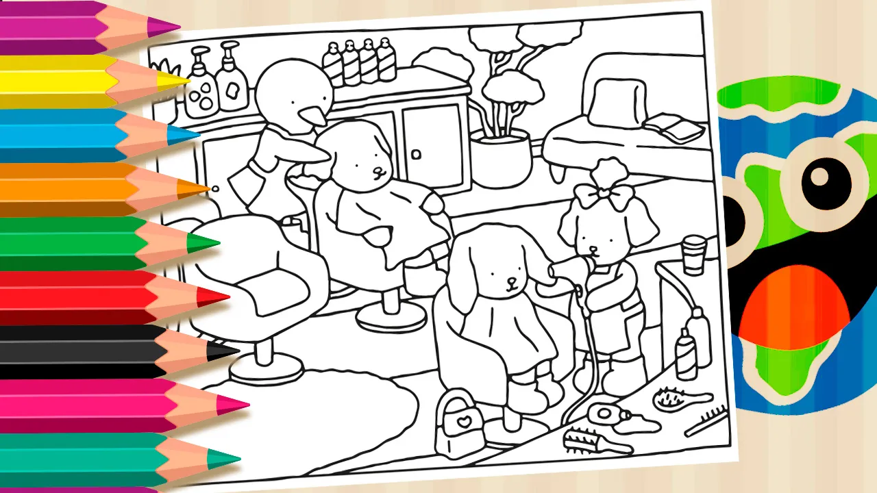 Desenho dos bichinhos de Desenho Kawaii em salão de beleza.