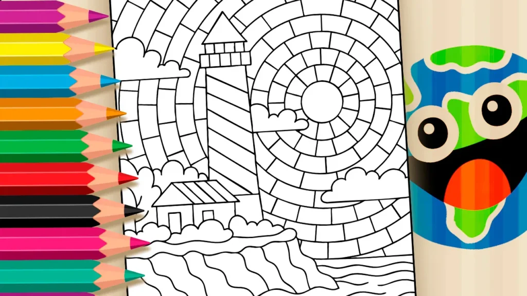 Desenho de farol à beira-mar para colorir, com sol, nuvens, casa, mar ondulado e elementos circulares no céu.