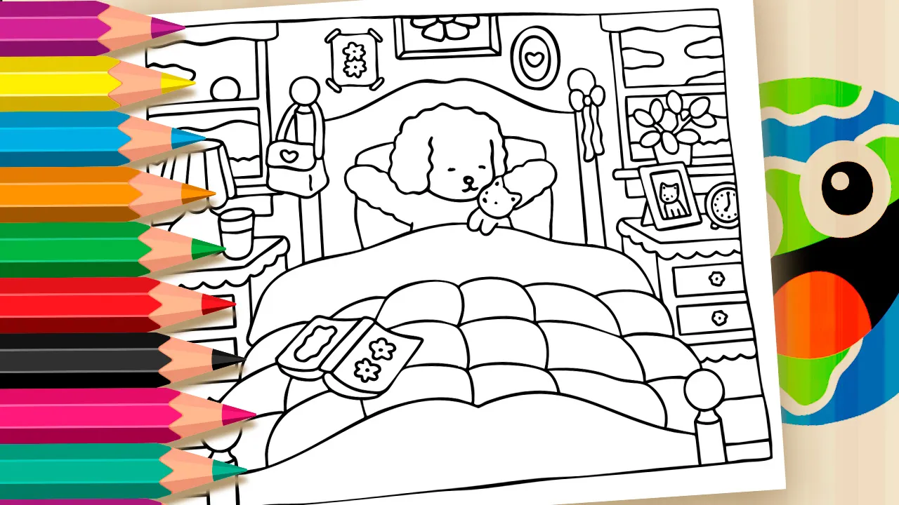 Desenho para colorir no estilo Desenho Kawaii de um poodle fofinho acordando feliz em um quarto aconchegante, abraçando um pequeno bichinho de pelúcia de gato.