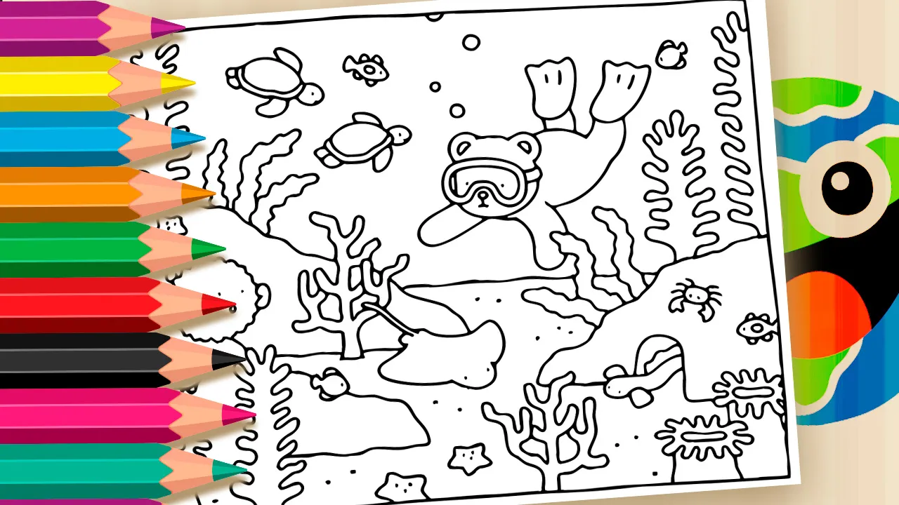 Desenho de Desenho Kawaii para colorir com ursinho mergulhando e observando peixes, tartarugas e outros animais marinhos no fundo do mar.