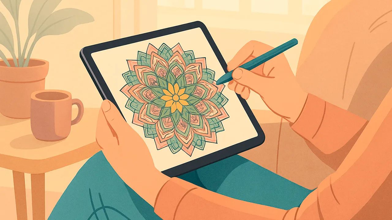 Adulto praticando colorir online anti-stress em um tablet com uma mandala.