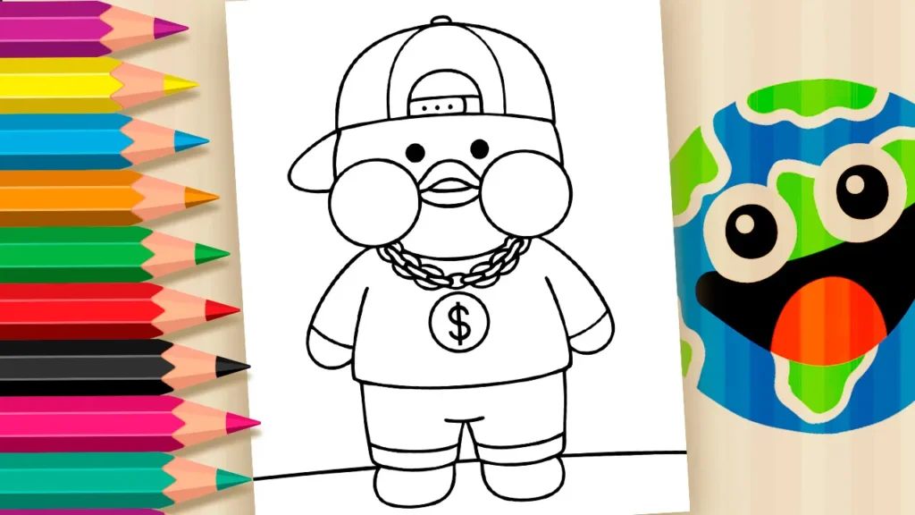 Desenho do Paper Duck em estilo rapper para imprimir e colorir. Um pato estiloso com boné, colar e muito charme para a criançada se divertir!