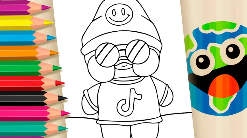 Desenho em preto e branco de um Paper Duck (pato de papel) vestido como TikToker, com gorro, óculos escuros e camiseta com logo do TikTok, pronto para colorir online.