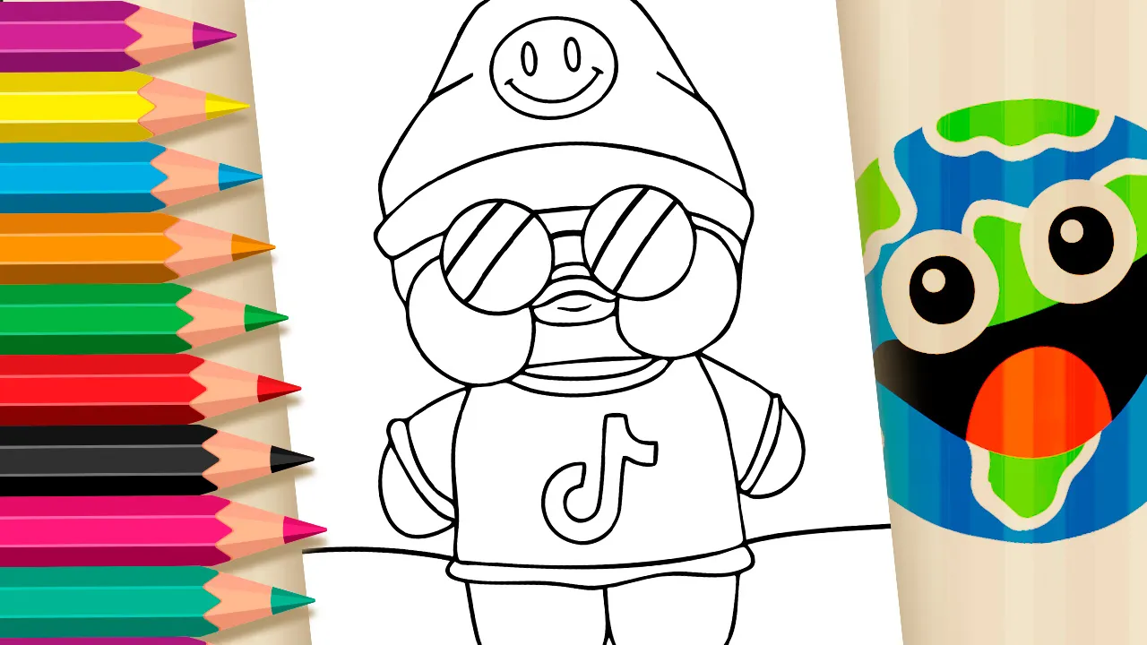 Desenho em preto e branco de um Paper Duck (pato de papel) vestido como TikToker, com gorro, óculos escuros e camiseta com logo do TikTok, pronto para colorir online.