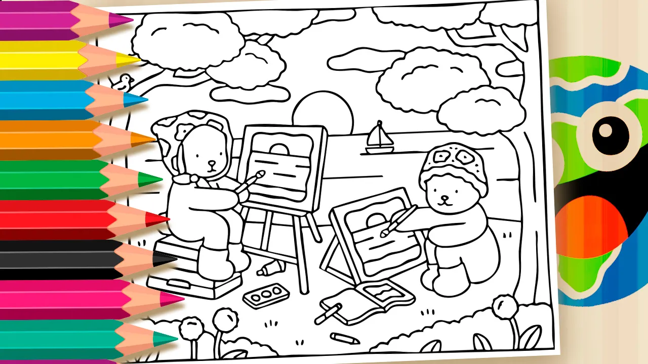 Dois personagens fofinhos de Bobbie Goods pintam ao ar livre diante de um pôr do sol, sentados entre árvores e com materiais de pintura espalhados, em uma ilustração em preto e branco para colorir Bobbie Goods online.