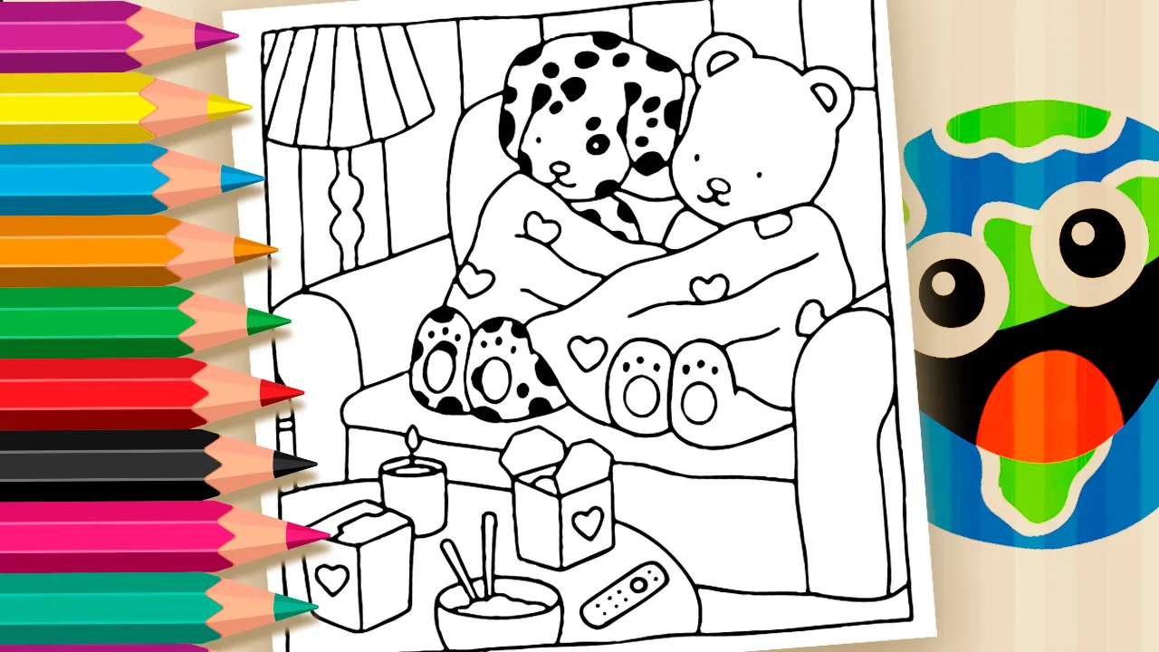 Desenho para colorir de estilo Desenho Kawaii com casal aconchegado sob cobertas, em clima de frio, amor e cinema.