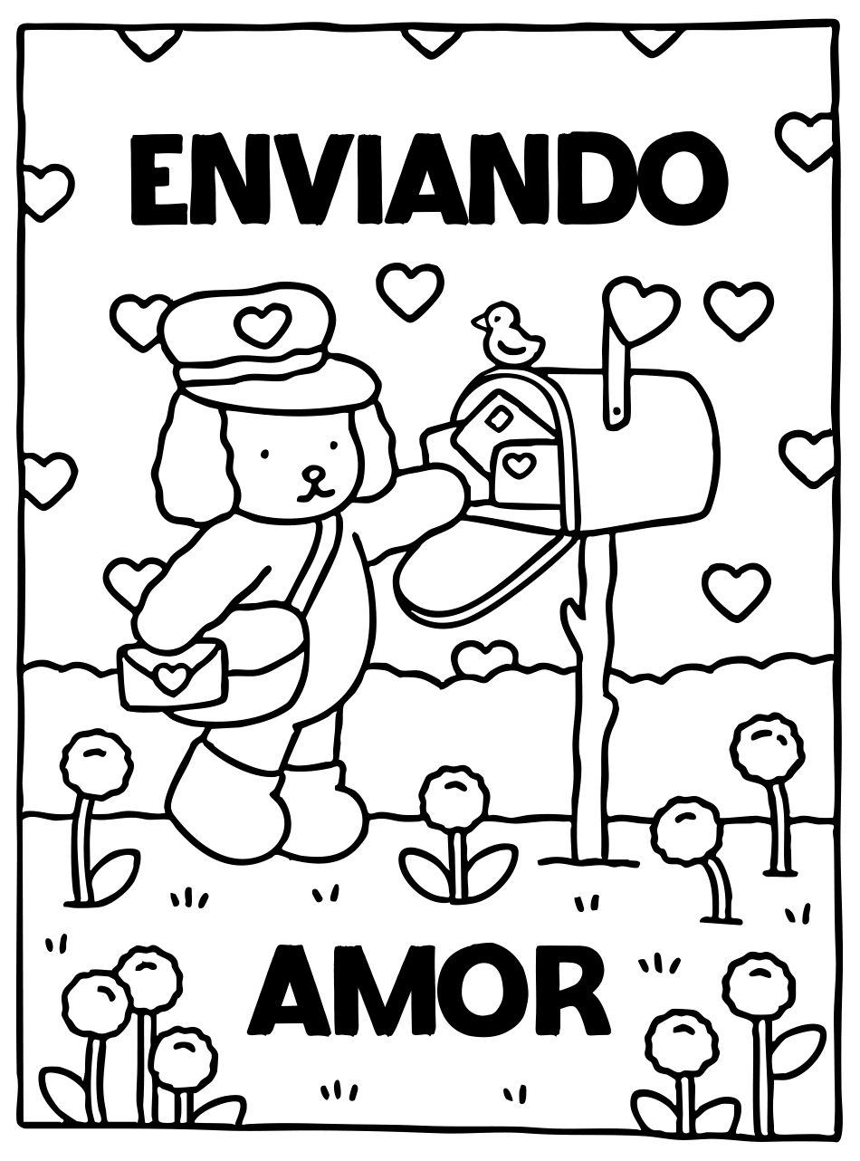Desenho de Kawaii - Cartão "Enviando Amor" para imprimir e colorir - PDF grátis para pessoas de todas as idades