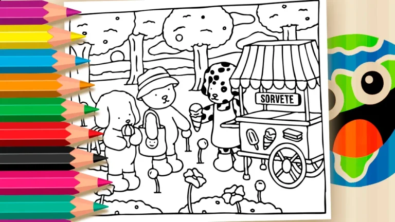 Desenho para colorir Sorvete no Parque com Desenho Kawaii