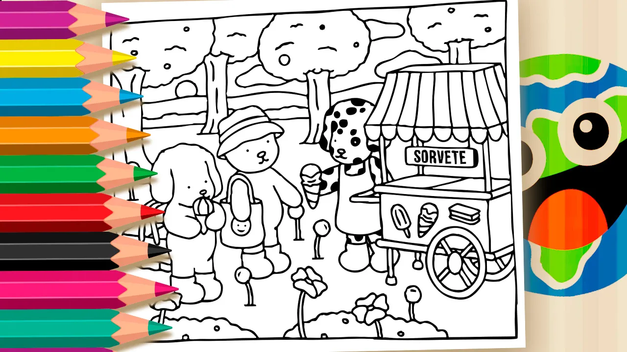 Desenho da Desenho Kawaii e seus amigos tomando sorvete em um parque, com flores e carrinho de sorvete. Ilustração para colorir.