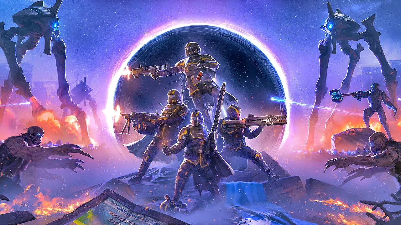 Ilustração do Helldivers 2 com soldados da Super Terra em ação, destacando armas e veículos do jogo. Imagem interativa para o Jogo da Memória do post