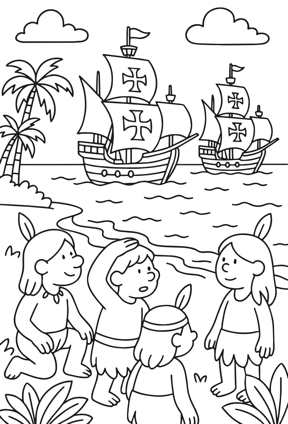 Desenho de Colorir: A Chegada dos Portugueses ao Brasil (1500) para imprimir e colorir - PDF grátis para pessoas de todas as idades